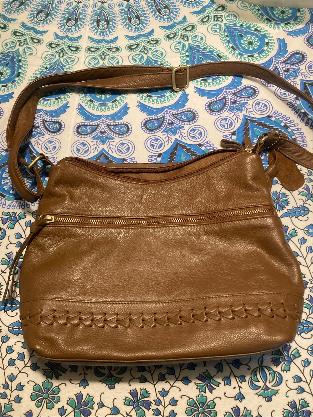 Women's Tan Leather Crossbody Bag with Woven Detail